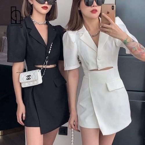 Luck A Sexy Hollow Out Casual Dress 2021 Retro Notched Puff Sleeve High Waist Mini Blazer Dresses Vintage Office Lady Vestidos