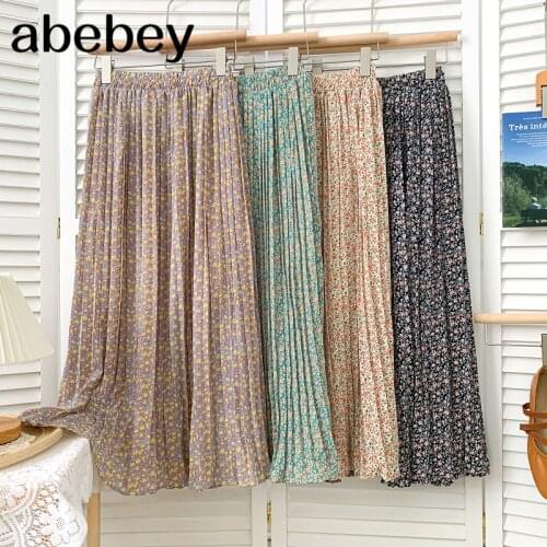 2021 New Summer Women Fashion All-match floral Skirt elastic waist pleated long Chiffon A-line Skirt
