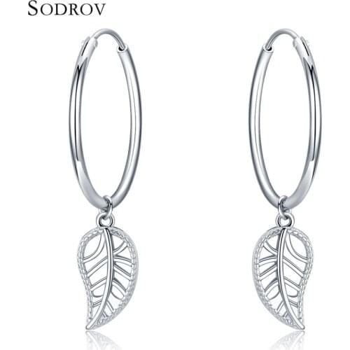 Trendy Womens Silver Genuine 925 Sterling Silver Round & Leaf Hoop Earrings High Jewelry NewYear & Valentines Day Gift HE026