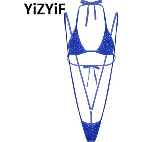Women Glitter Rhinestone Lingerie Suit Lace-up Swimwear Sunbathing Srxy Bikini Set Halter Neck Bra with G-string Beach Swimsuit