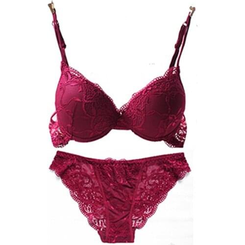 Womens Fine Lace Embroidery Lingerie Thivk Padded Extreme Push Up Bra Sets & Bra Panty Gather Show Slim Brassiere Underwire Bras