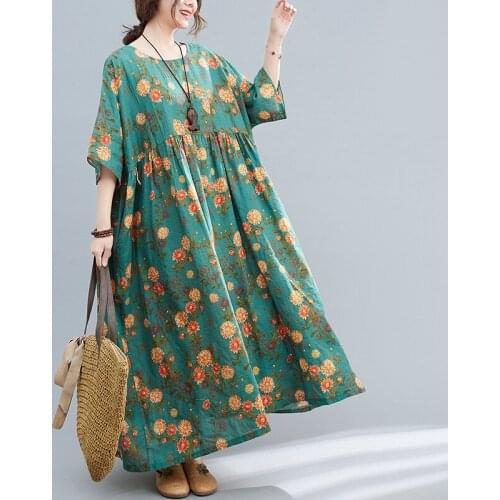 Thin Soft Cotton Linen Loose Summer Dress 2021 New Arrival Print Floral Fashion Women Dress Plus Size Women Travel Casual Dress