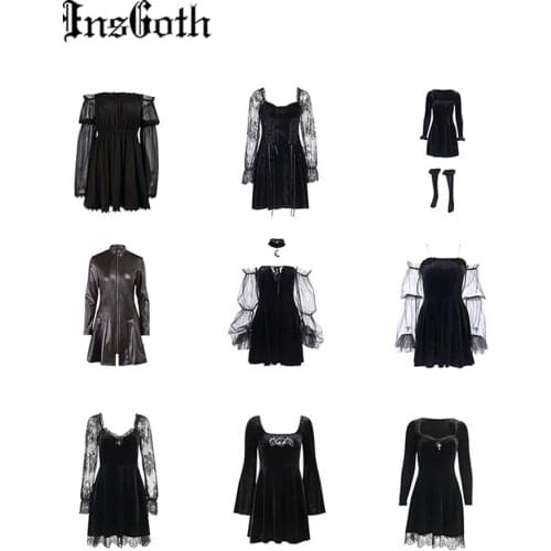 InsGoth Gothic Black Velvet Lace Trim Dress Y2K Aesthetic High Waist A Line Mini Dresses E Girl Grunge Punk Partynight Dresses