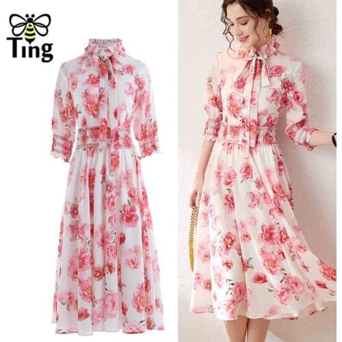 Tingfly Vintage Elegant Flower Print Ruched Stand Collar Chiffon Party Dress Pink Women France Chic A Line Dress Vestidos Robes