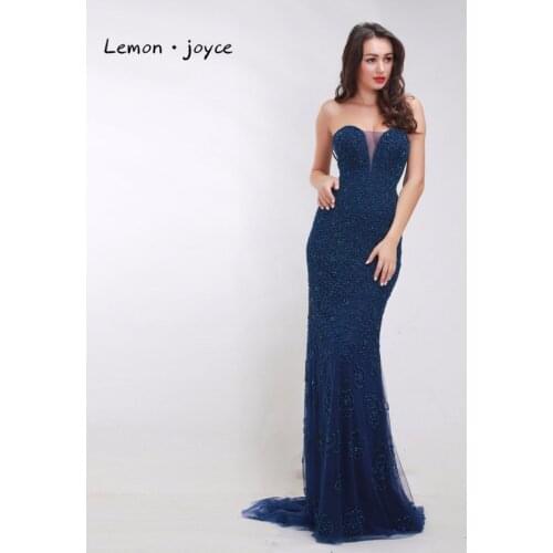 Luxury Dark Blue Evening Dresses 2020 Sexy Strapless Beading Mermaid Long Party Formal Prom Gowns for Women Plus Size