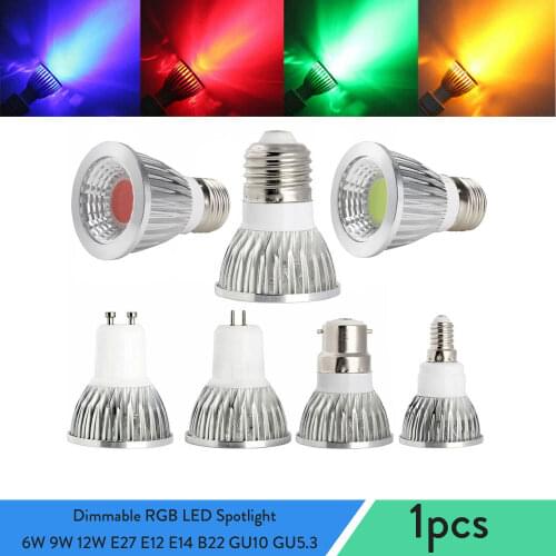 6W 9W 12W E27 E12 E14 B22 GU10 GU5.3 Dimmable RGB Colored LED Spotlights COB Spot Lights Bulbs Lamps 110V 220V Indoor Lighting