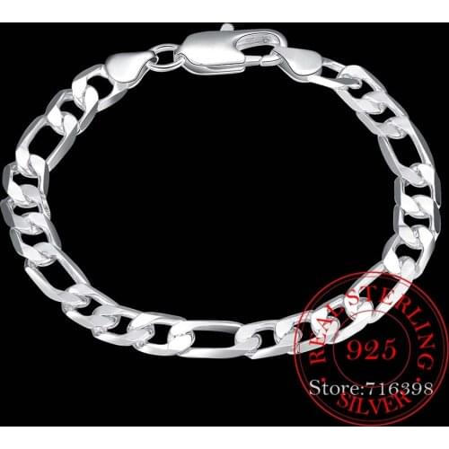 Hot Sale 8MM/6MM Men Figaro Chain Bracelet 925 Silver Cuff Bangles 925 Sterling Silver Fine Jewelry 8 Inch Link Bracelet for Men