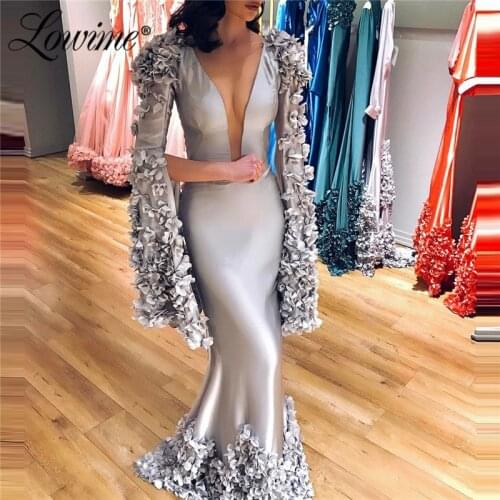 Long Sleeve Mermaid Evening Dresses Dubai Design Handmade Flower Illusion Neckline Sexy African Prom Dresses Arabic Party Gowns