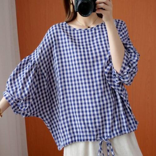Womens Plaid Tops and Blouses O Neck Batwing Sleeve Office Lady Shirt Ladies Femme Blusa Streetwear Women Tops E224
