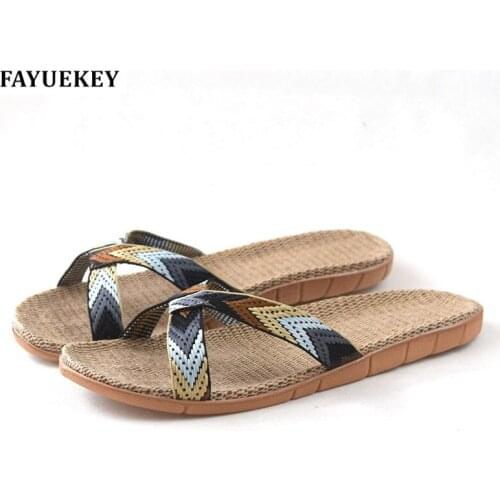 FAYUEKEY 2018 New Summer Fashion Home Linen Breathable Mixed Color Slippers Men Indoor Floor Beach Slides Boys Gift Flat Shoes