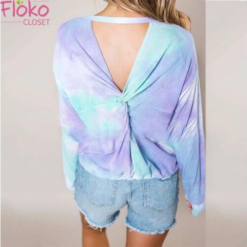 Flokocloset O-Neck Loose Tie Dyed Print Long Sleeve Backless Knot T-shirt Casual Spring Autumn Blue Women Tops Pullover