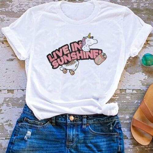 Live In Sunshine Unicorn Graphic T-Shirt Korean Fashion Kawaii Cute Girl Women Tee Top Casual Funny Loose Hipster Short Sleeves