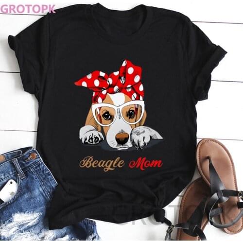 Kawaii Dog Prints Black Tshirt Short Sleeved Polyester T Shirt for Women Beagle Mom Vintage T-shirt Womens Fashion Harajuku Top