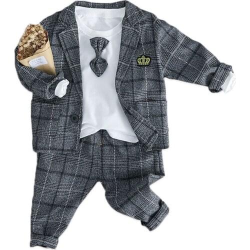 Baby Boy 3pc Suits Gentleman Wedding Party Kids One Button Jacket Coats Bow T-shirt and Pants Infant Children Clothing Sets