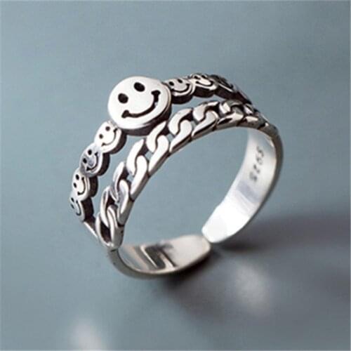 Multi Ancient Silver Color Happy Smile Face Open Ring For Women Simple Cute Geometric Twist Smiley Faces Adjustable Rings A916