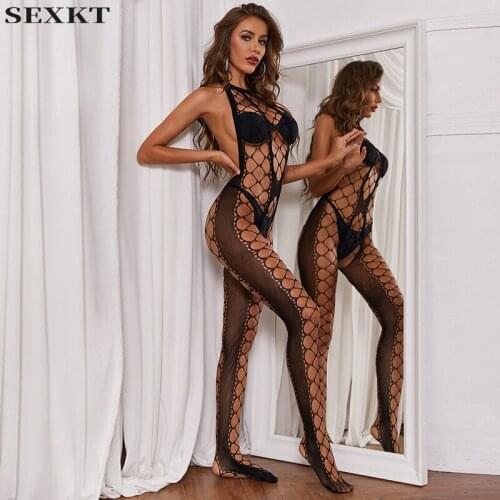 New Sexy Open Hollow-out Plus Size Sexy Backless Mesh Stockings One-Piece Halter Fishnet Clothes Body Suits Lingerie Bodysuit