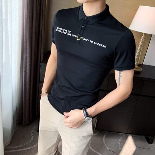 Basic Men Casual Polo Shirt Summer Polo Shirt Men British Style Short Sleeve Slim Fit Turn Down Collar Letter Print Polo Homme