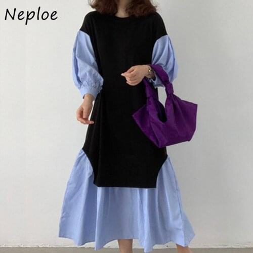 Neploe Fake Two-piece Shirt Dress Women Korean Chic Autumn Puff Sleevestriped Robe Stitching Loose Round Neck Long Vestidos