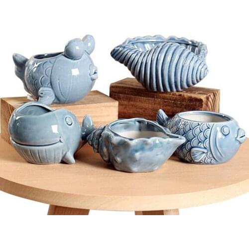 Pocelain Blue Fish Flower Vase European Style Cute Fleshy Flowerpot Mini Bonsai Cactus Flower Pot for Home Garden Home Decor