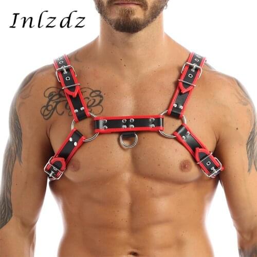 Harness Men Lingerie Faux Leather Adjustable Body Chest Harness Bondage Exotic Sex Costume with Buckles D-rings Rivets Detailing