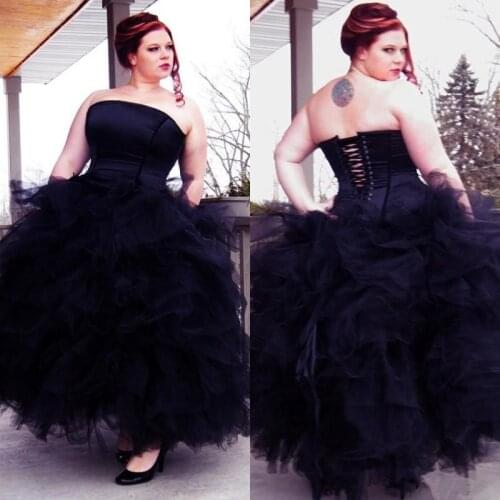 Stunning Gothic Corset Ball Gown Black Wedding Dress Strapless Ruffled Tiered Skirt Ankle Length Celtic Wedding gown Bridal Gown