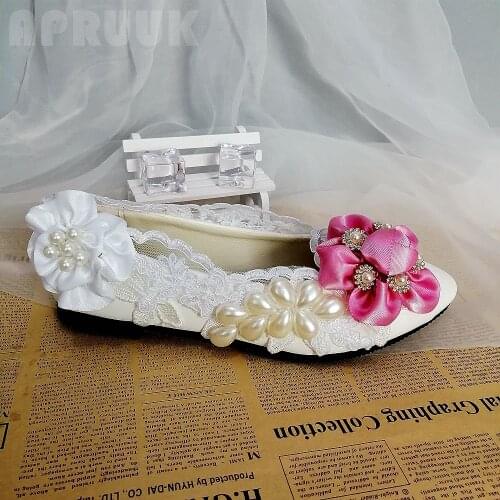 Pink flower plus size pearls flats shoes woman luxury design handmade sweet fairy ladies flower girl party dinner proms flats