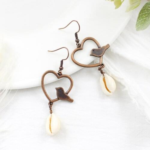 Bronze Metal Alloy Shell decoration Drop Earrings love shape bird Rocking Earrings Beach Holiday Jewelry Gifts For Women Brincos