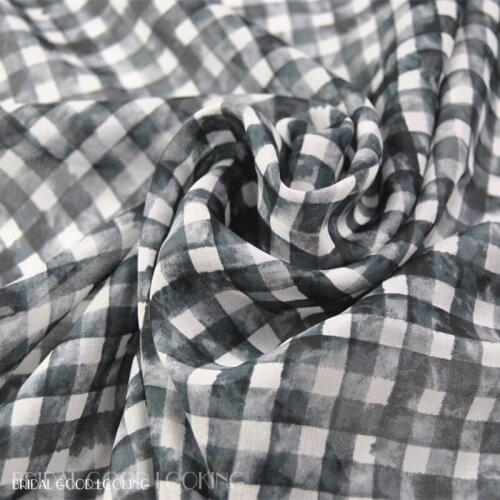 LEO&LIN 8-M/M Black White Gray Plaid 100% Real Silk Chiffon Spring Thin Dress Half-length Silk Scarves Cloth Fabric DIY
