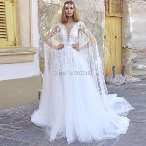 A Line Wedding Dresses with Cape Deep V Neck Tulle Vestido De Noiva Lace Appliques Bridal Gowns Court Train Open Back Custom