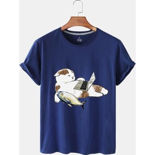 Womens Summer Fashion O Neck Short Sleeve T-shirt Printed Large Size Loose Casual Cat Print Short Sleeve Breathable T-shirt