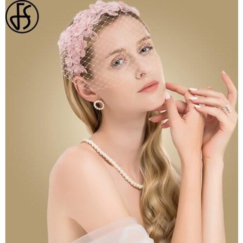 FS Fascinators Female British Hat For Women Elegant Pink Hats With Veil Gauze Black Party Cap Girls Church Wedding Flower Fedora