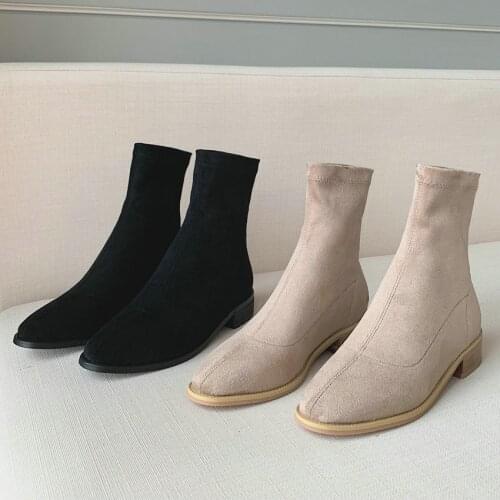 EshtonShero Women Ankle Boots Shoe Woman Platform Square Low Heels Flock Sweet Style Ladies Motorcycle Sock Boots Size 3-11