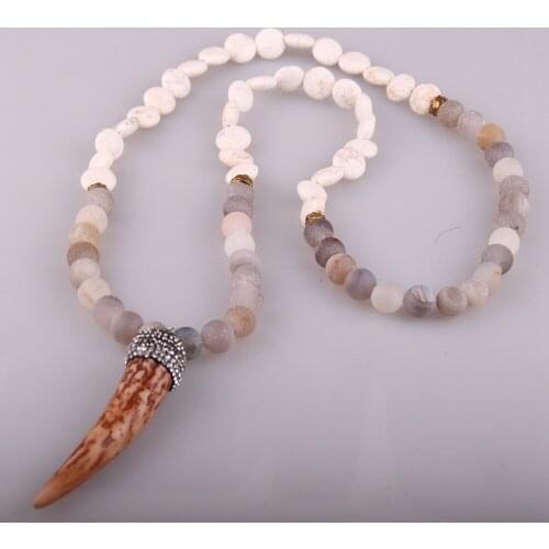 Fashion Open Smile Druzy Natural Stones Link Bead Stones white flat with Ox Horn Pendant Necklace Handmade Women Jewelry