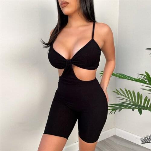 2021 New Women Spaghetti Straps Ribbed Yoga Playsuits Summer Solid Sleeveless V-Neck Cut Out Skinny Short Rompers Sportswear