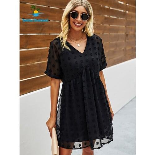 Beachsissi 2021 Summer V Neck Mini Dress For Women High Waist Black Dot Beachwear Skin Friendly Girl Female Casual Dresses