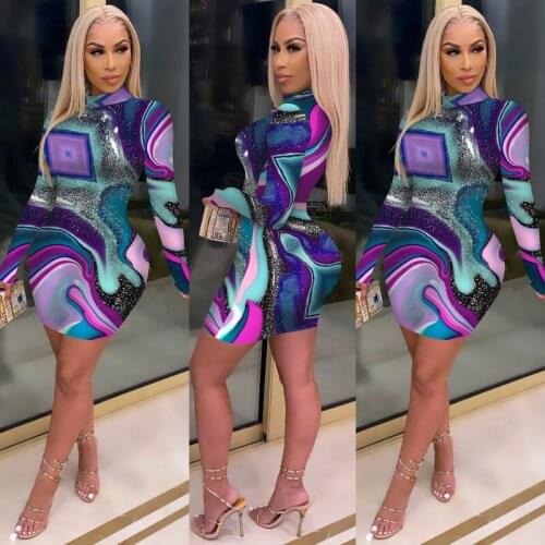 Purple Digital Printing Fashion Sexy Slim Sheath Women Mini Dress Long Dress Club Summer Personality Harajuku Ladies Dresses