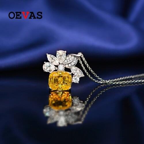 OEVAS 100% 925 Sterling Silver 10*12mm Yellow High Carbon Diamond Pendant Necklace For Women Sparkling Wedding Fine Jewelry Gift
