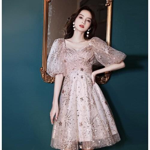 Elegant Square Collar Sequins French Puff Sleeve Chiffon Evening Dress Cheongsam Back Zipper Prom Fomail Gown Vestidos De Noche