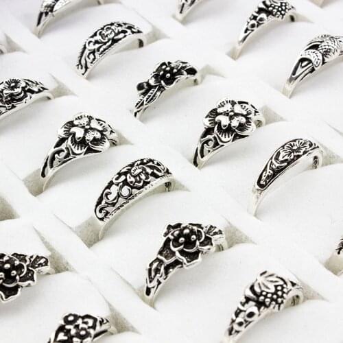 20 Pieces/lot Mix Shape Random Size Flower Charm Antique Silver Plated Statement Trendy Small Vintage Ring for Women and Men