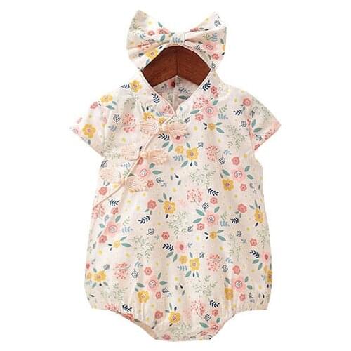 2021 Chinese Fashion Style Summer Girl Baby Romper Floral Baby Cheongsam Cotton Short Sleeve One-piece Romper + Headband