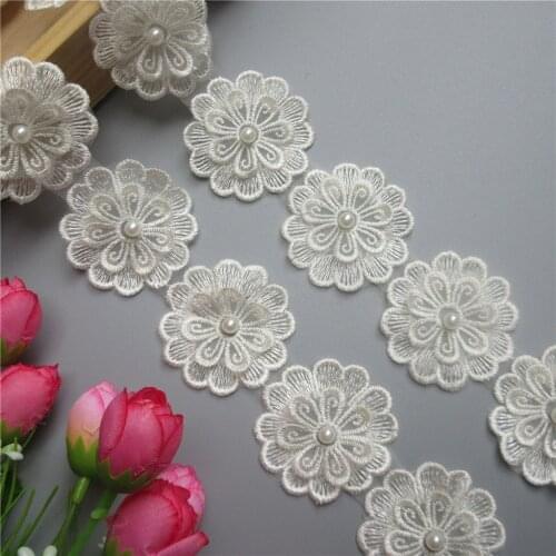 HOT Apricot 2-layer Pearl Flower Embroidered Lace Trim Ribbon Fabric Patchwork Sewing Supplies Craft For Clothes Decoration 5cm
