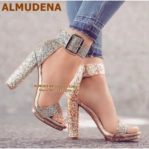 ALMUDENA Bling Bling Sequined Chunky Heels Square Buckle Strap High Heel Sandals Sparkling Wedding Shoes Exquisite Wedding Pumps