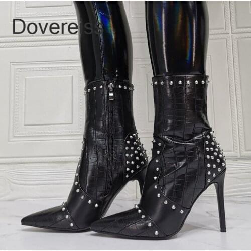 Dovereiss Fashion Womens Shoes Winter Pointed Toe Stilettos Heels Elegant Rivets Concise Short boots 44 45 46 47