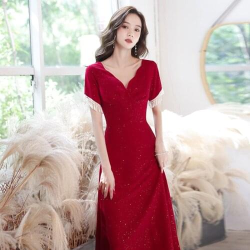 ETESANSFIN Summer Women’s Satin Wine Red Toast /Wedding/Engagement/Daily Life Dress-Sexy V-Neck (Both Regular And Plus Style)
