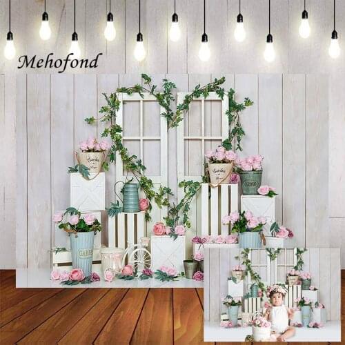 Mehofond Birthday Party Photography Backdrop White Rustic Wooden Wall Door Flowers Baby Shower Background Spring Theme Backdrops