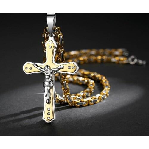 Jesus Cross Rhinestone Inlaid Pendant Necklace Men Religious Faith Jewelry Gift trendy