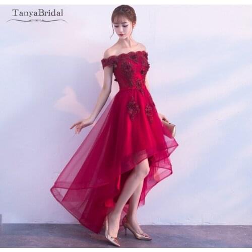 Red Cocktail Dresses Short Front Long Back High Low Sexy Lace Appliques Homecoming Gowns Party Gown Boat Neck JQ741