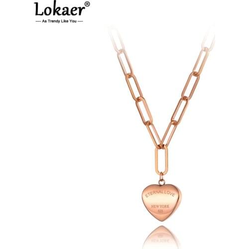 Lokaer Trendy Titanium Stainless Steel Eternal Love Heart Choker Necklaces For Women Thick Chain Charm Pendant Necklace N20279