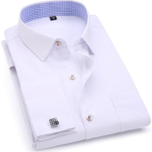 Mens Dress Shirts French Cuff Blue White Long Sleeved Business Casual Shirt Slim Fit Solid Color French Cufflinks Shirts For