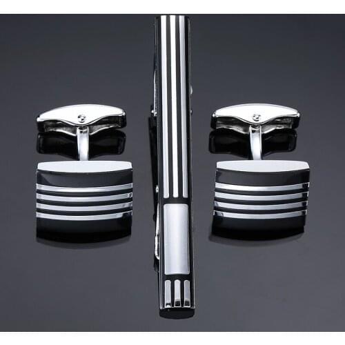 DY A set of high quality Black Enamel Silvery striped tie clip Cufflinks fashion mens clothing accessories Free Shipping